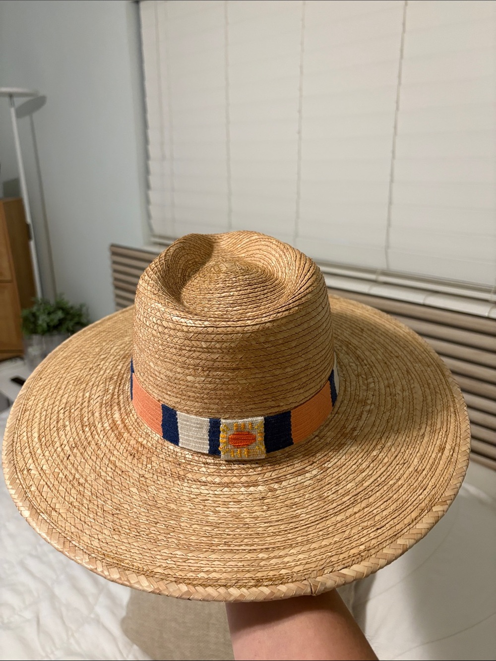 Sunshine Tienda Palm Hat. Navy & Coral Stripe Band *Discontinued Color*
